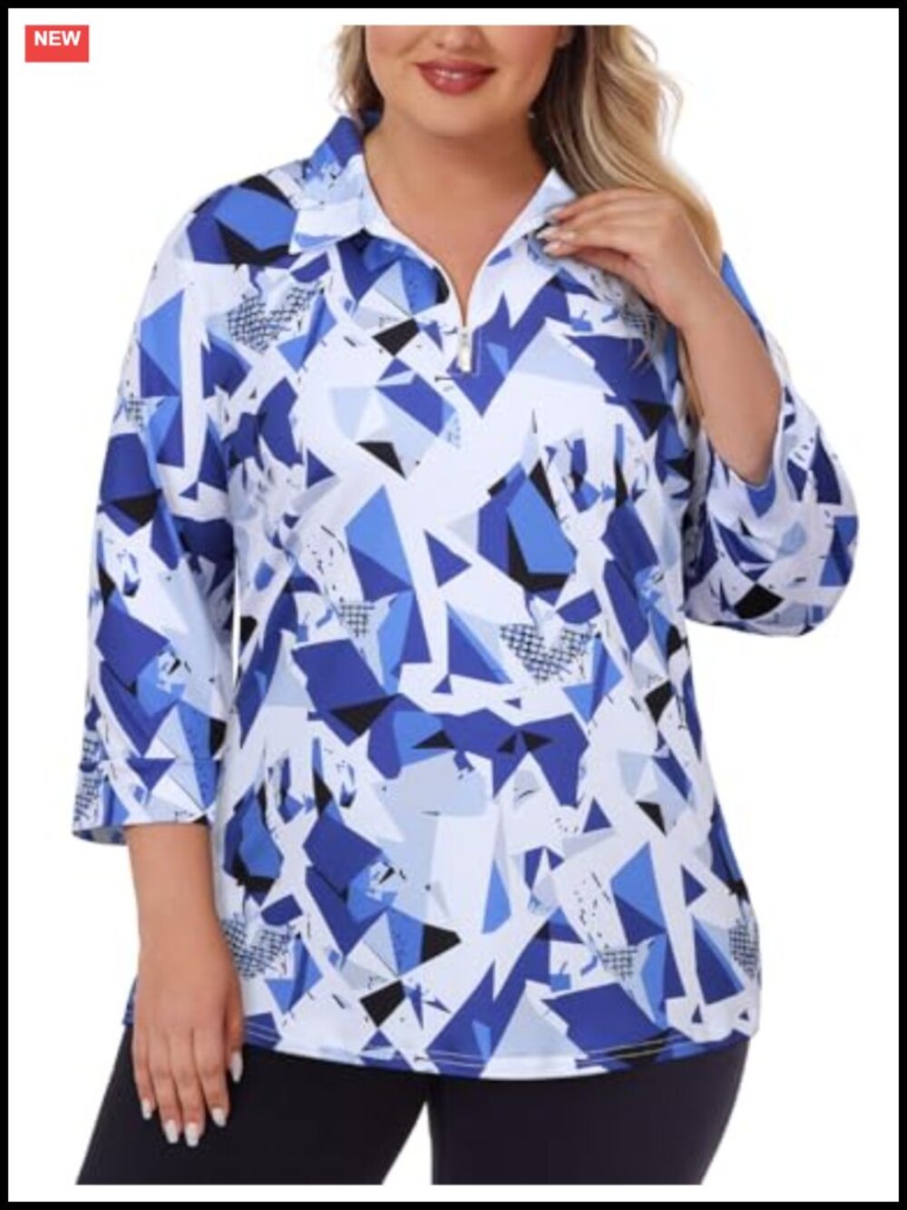 Plus Size Women Golf Polo 3/4 Sleeve Quick Dry Zip Up Active Top